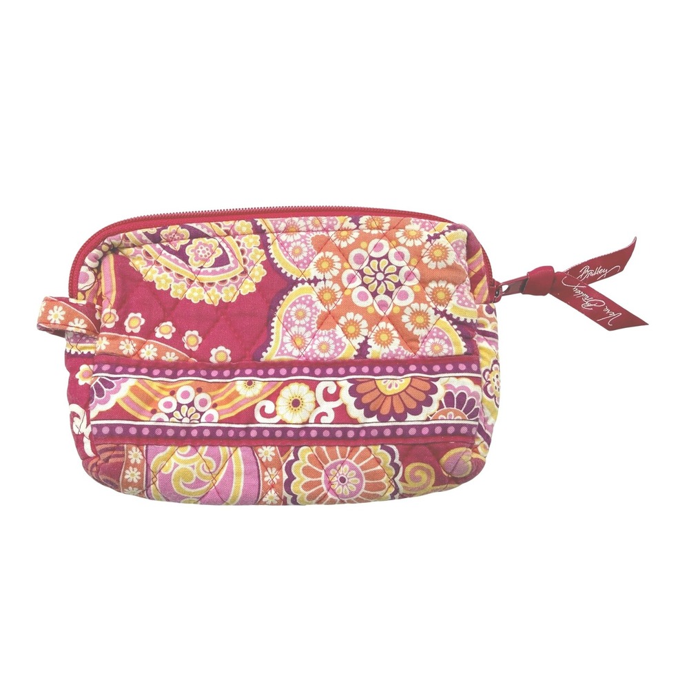 Vera Bradley Pink Orange Floral Paisley Quilted Cotton Cosmetic Makeup Bag Pouch